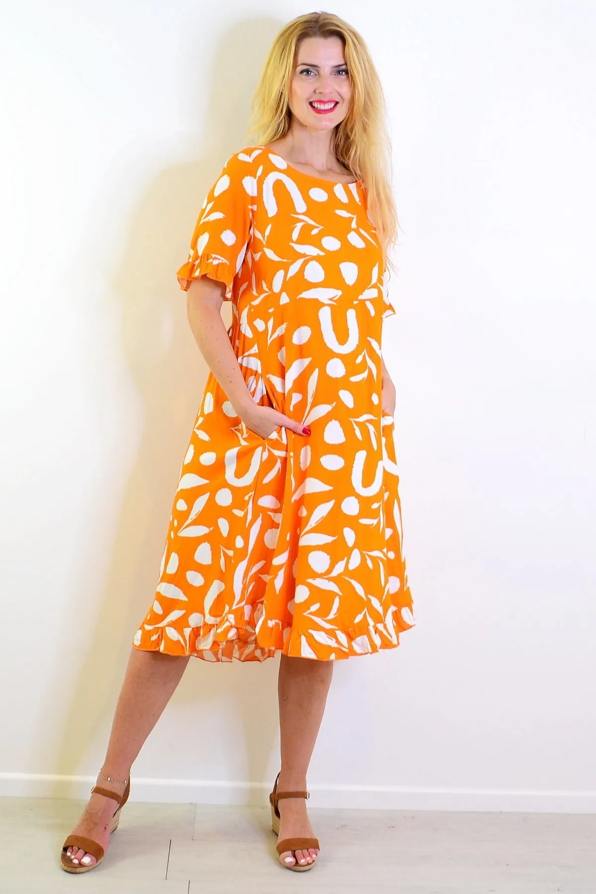 Orange White Spots Print Summer Dress