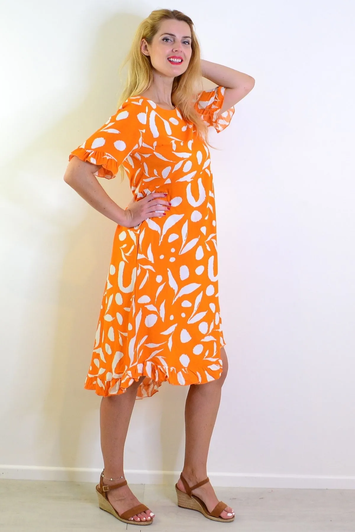Orange White Spots Print Summer Dress