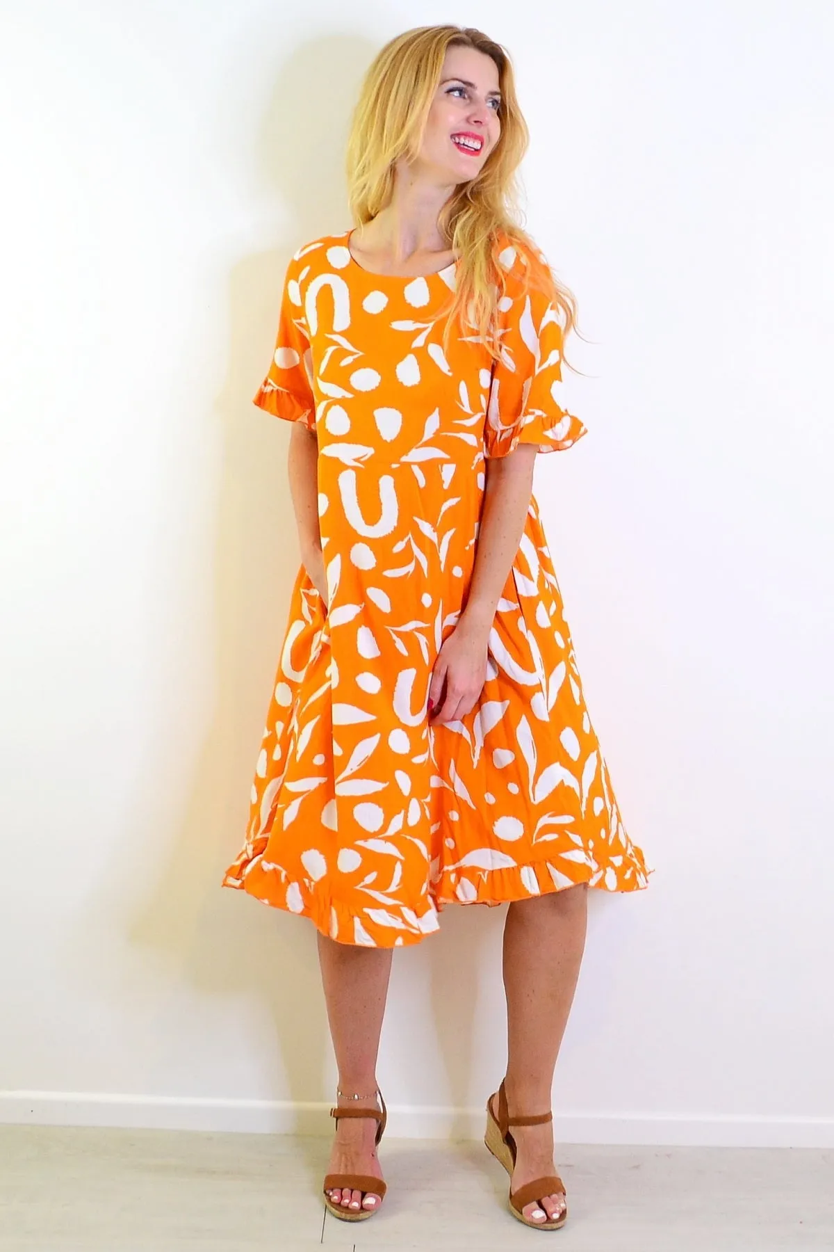 Orange White Spots Print Summer Dress
