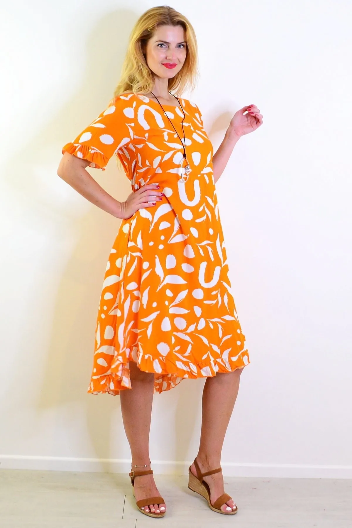 Orange White Spots Print Summer Dress