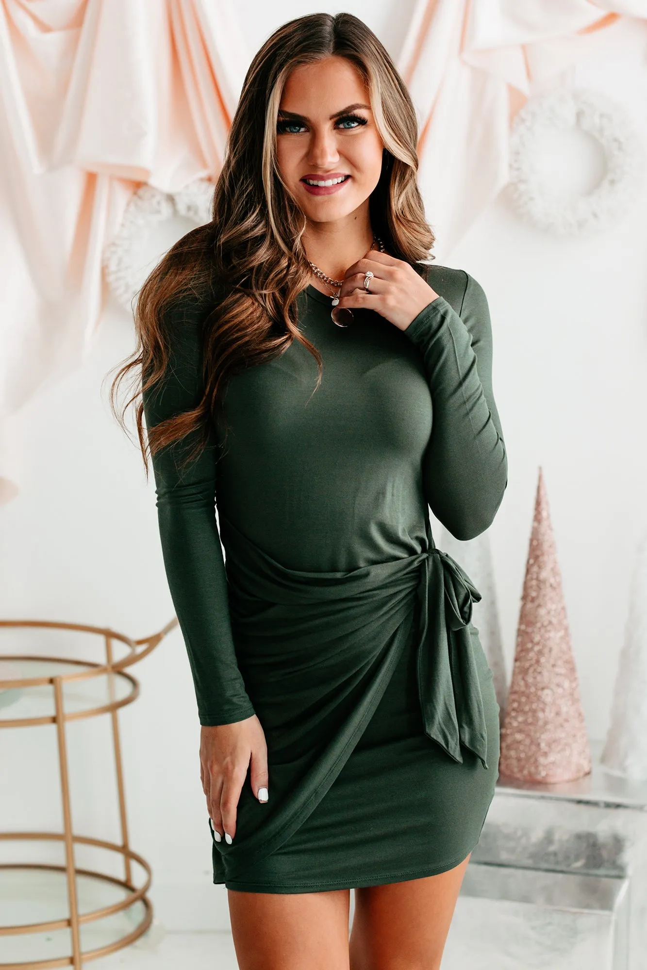 Philippa Long Sleeve Wrap Skirt Bodycon Dress (Dark Olive)
