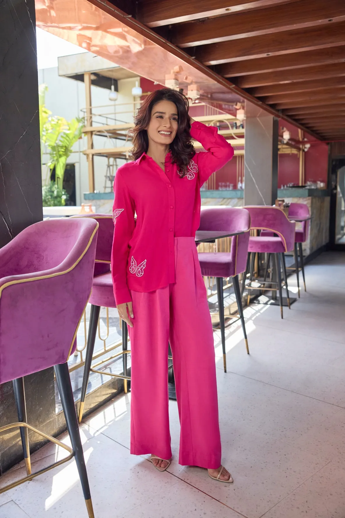 Pink Flared Pants With Pockets