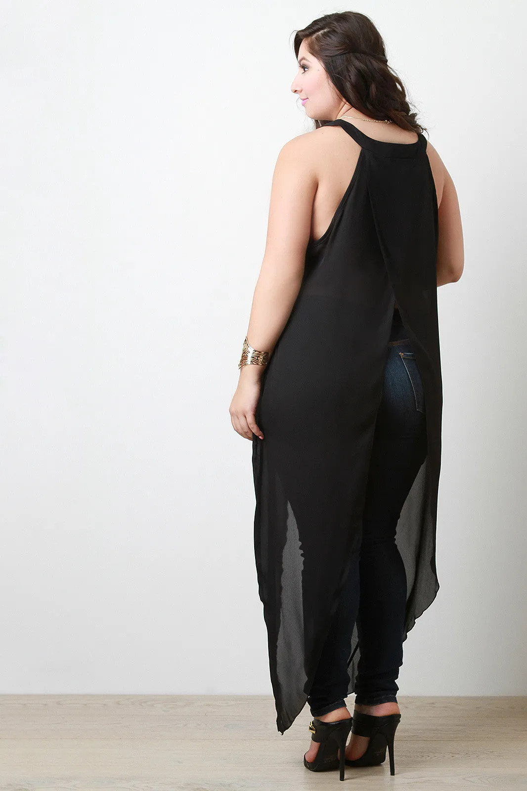 Plus Size Asymmetrical Semi-Sheer Sleeveless Split Maxi Tunic Top