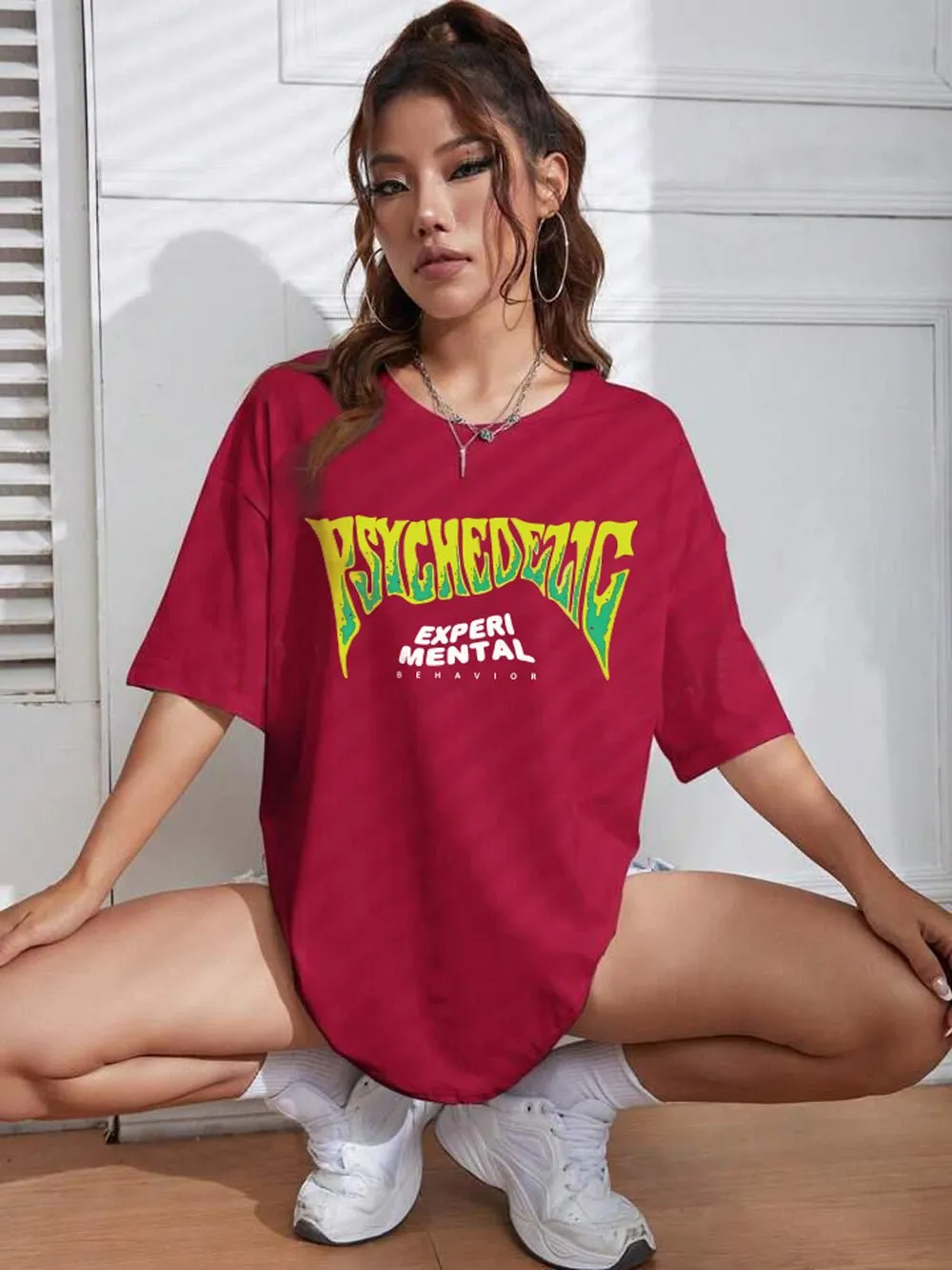 Psychedelic: EXPERIMENTAL BEHAVIOR Graphic Printed Womens Drop Shoulder T-shirt Legacy Boutiques Dhaka