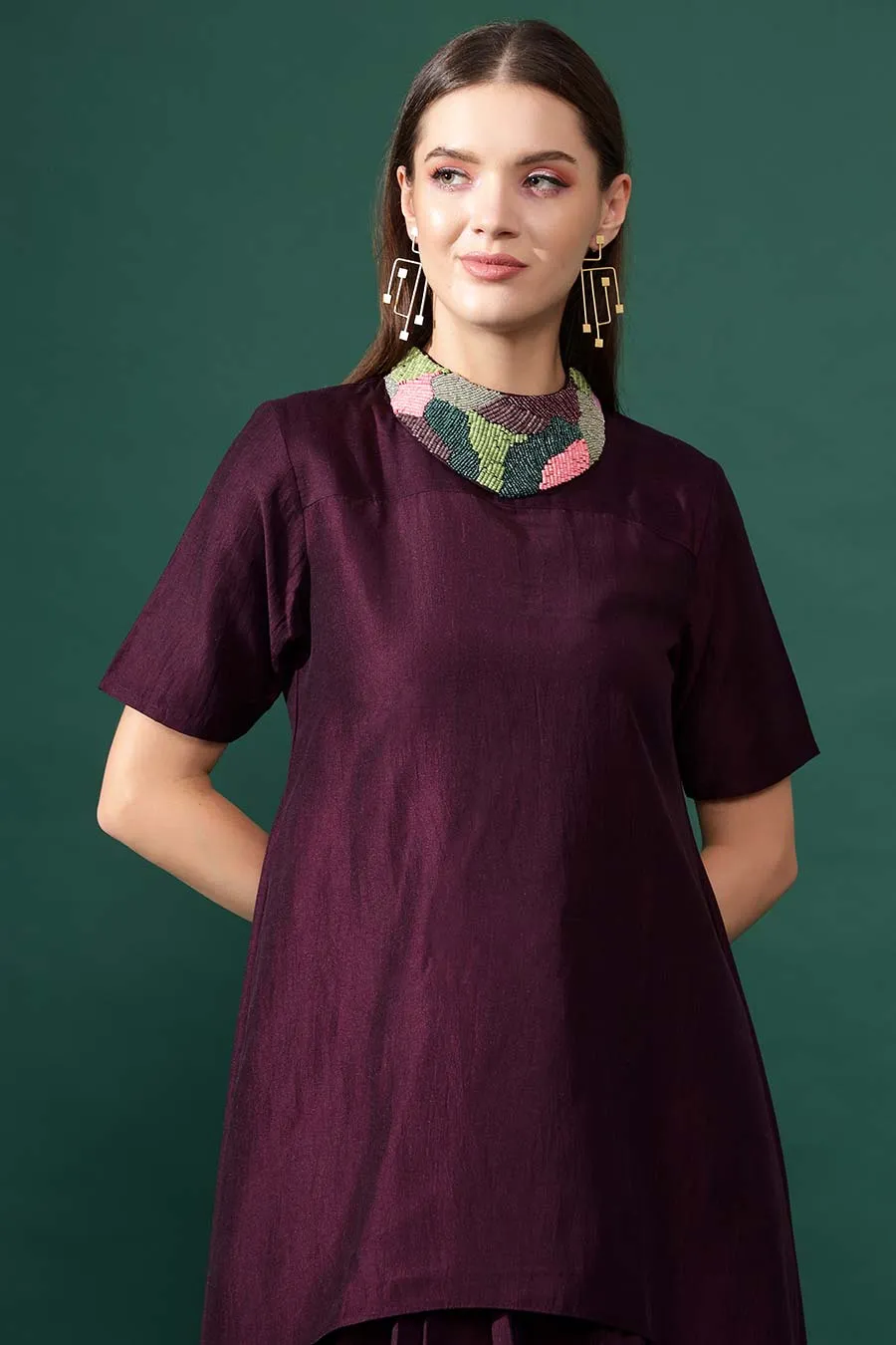 Purple Cotton Silk Tunic & Draped Skirt Co-Ord Set