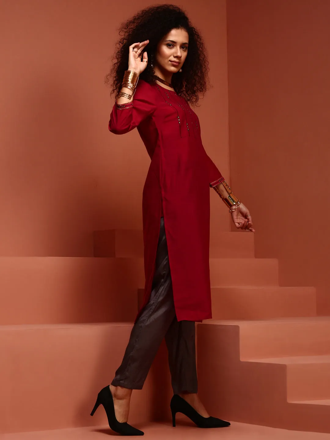 Radiant Red Embroidered Cotton Blend Kurta Set