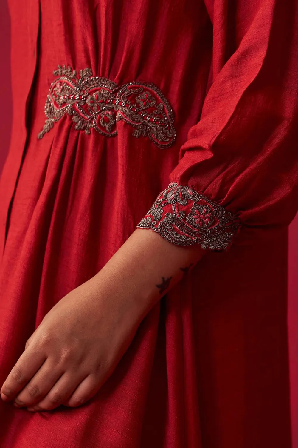 Red Metallic Bliss Shirt Style Tunic, And Dhoti Pants Set