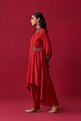 Red Metallic Bliss Shirt Style Tunic, And Dhoti Pants Set