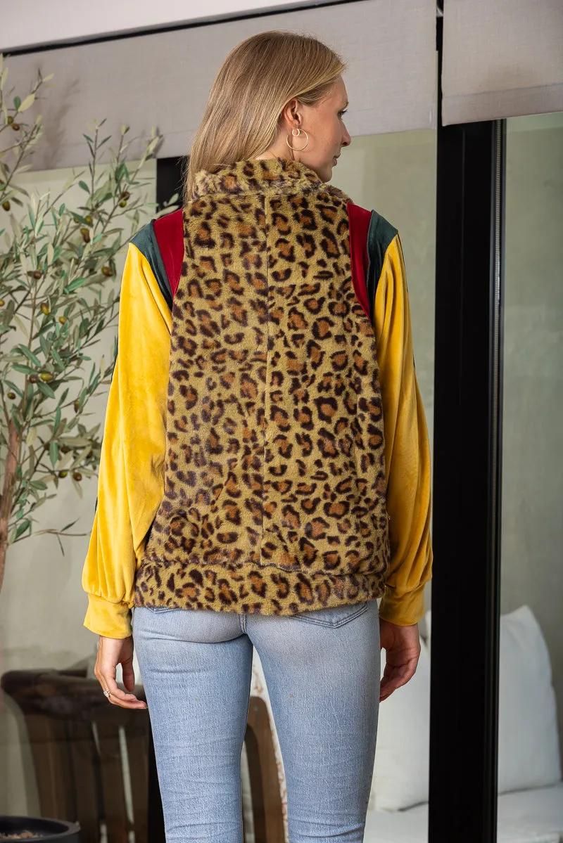 SAGE LEOPARD/MUSTARD COLOR BLOCK VELOUR TRACK JACKET TT3192A