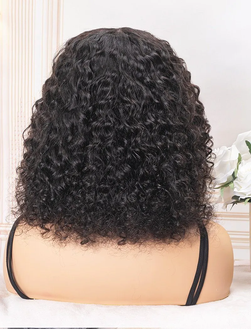 Scalp Top Wig Curly Human Hair Wigs With Bangs Machine Made