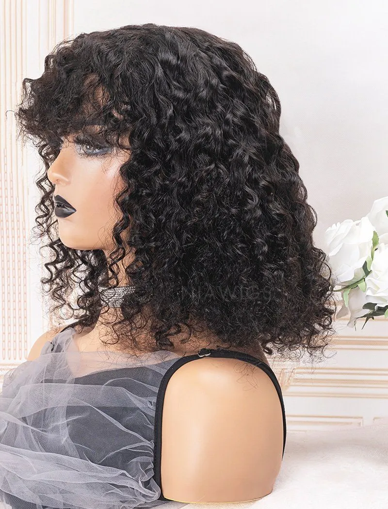 Scalp Top Wig Curly Human Hair Wigs With Bangs Machine Made
