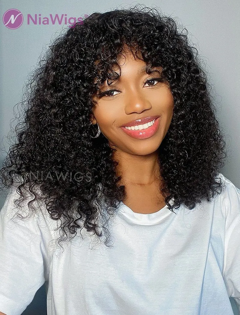 Scalp Top Wig Curly Human Hair Wigs With Bangs Machine Made