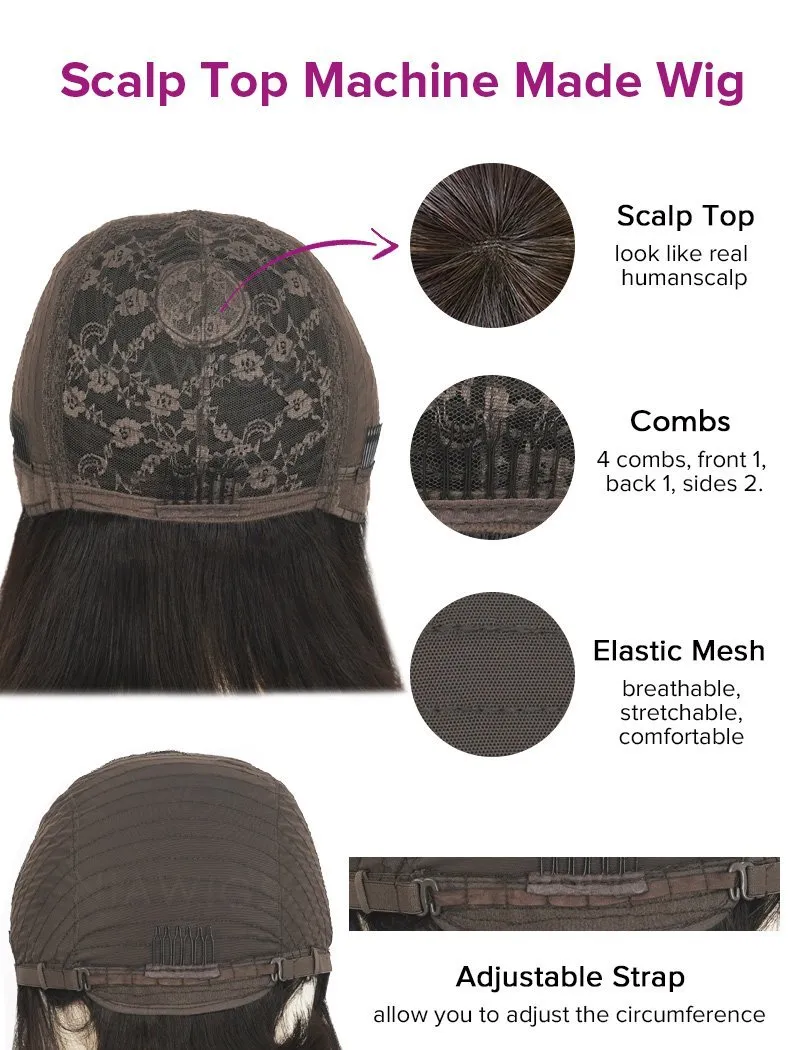 Scalp Top Wig Curly Human Hair Wigs With Bangs Machine Made