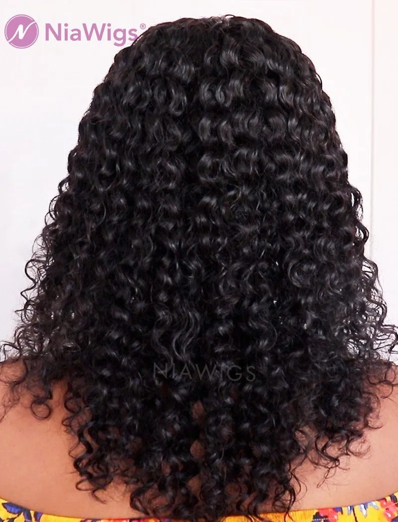 Scalp Top Wig Curly Human Hair Wigs With Bangs Machine Made