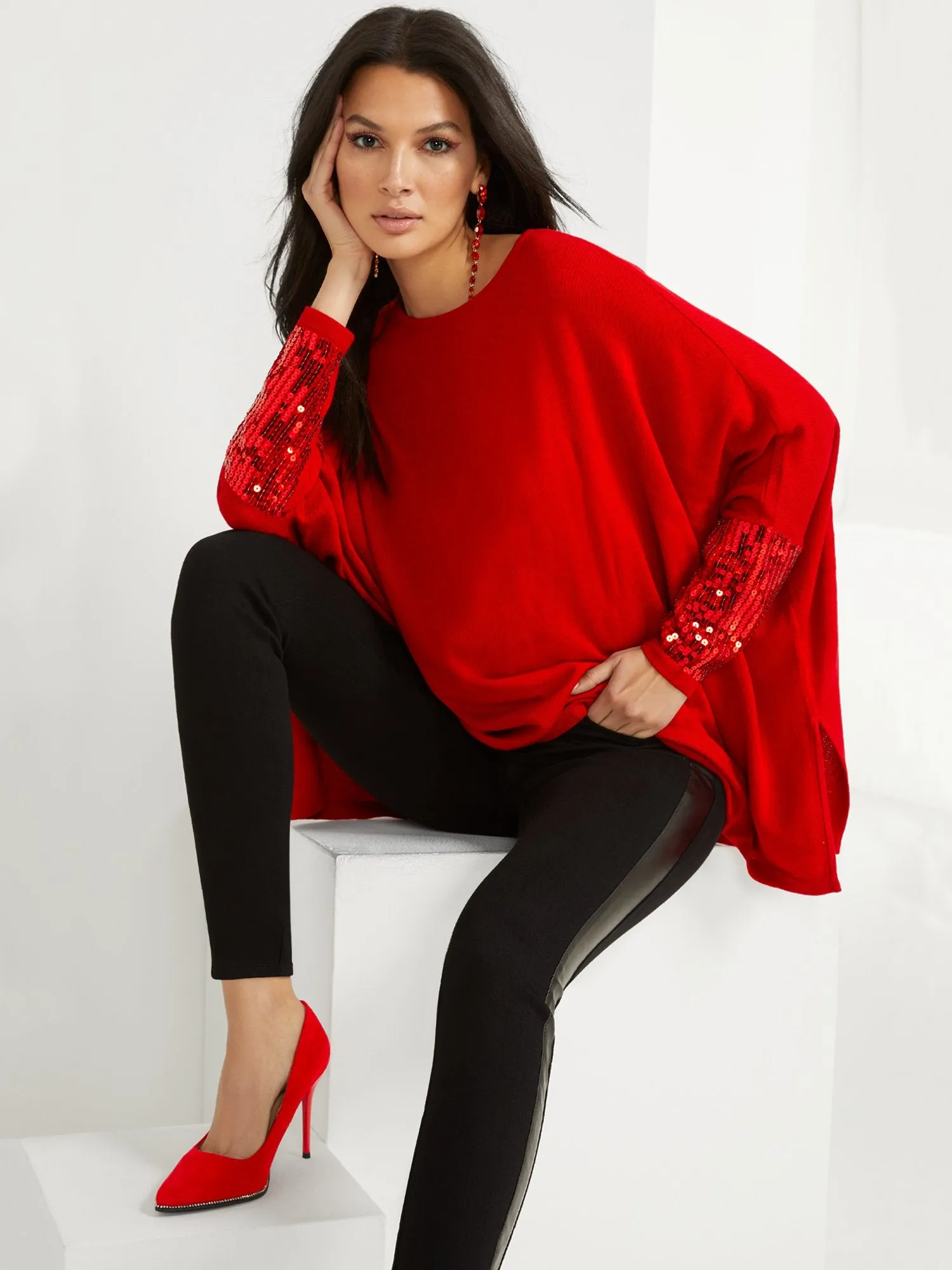Sequin-Sleeve Tunic Sweater