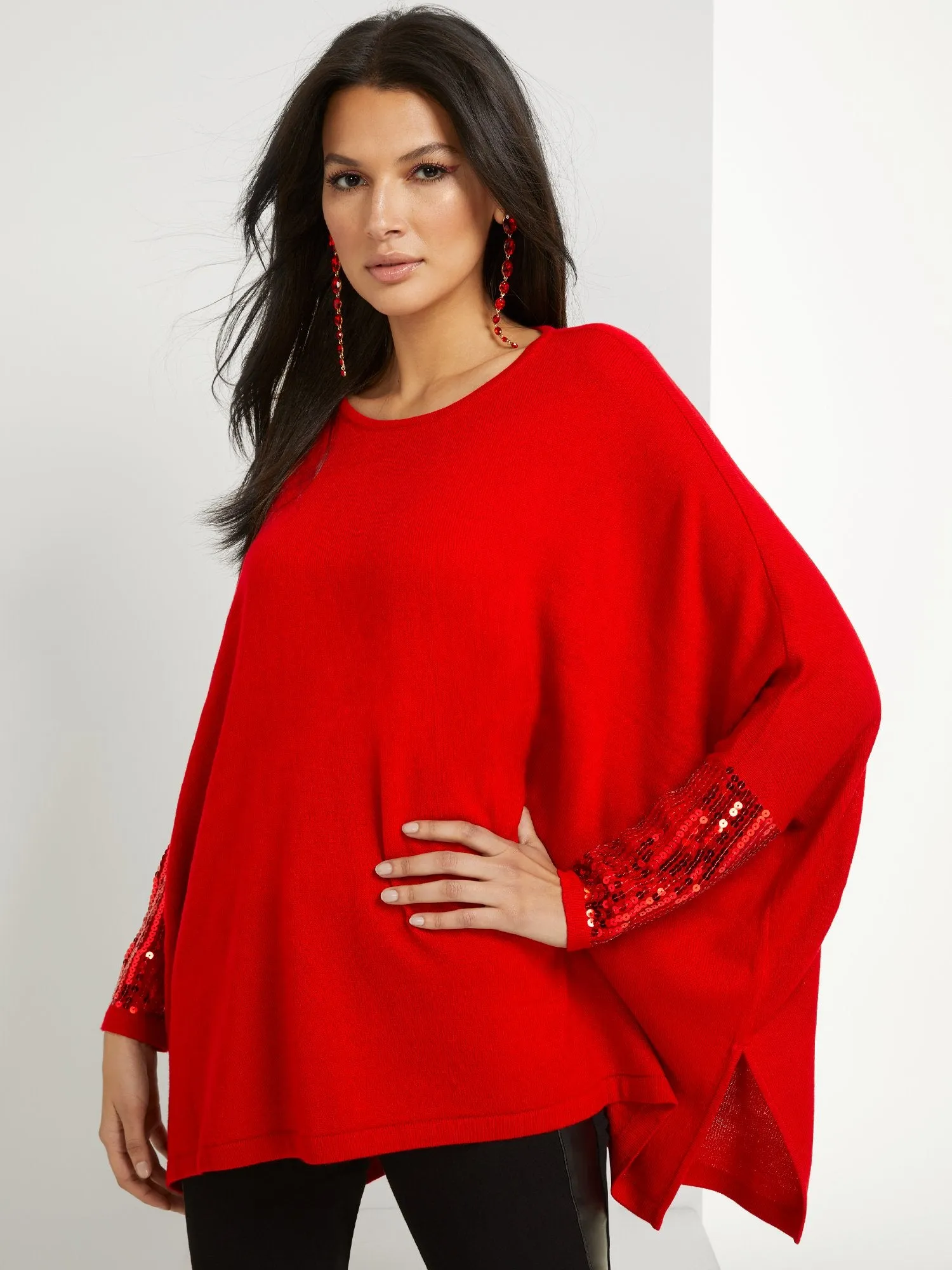 Sequin-Sleeve Tunic Sweater