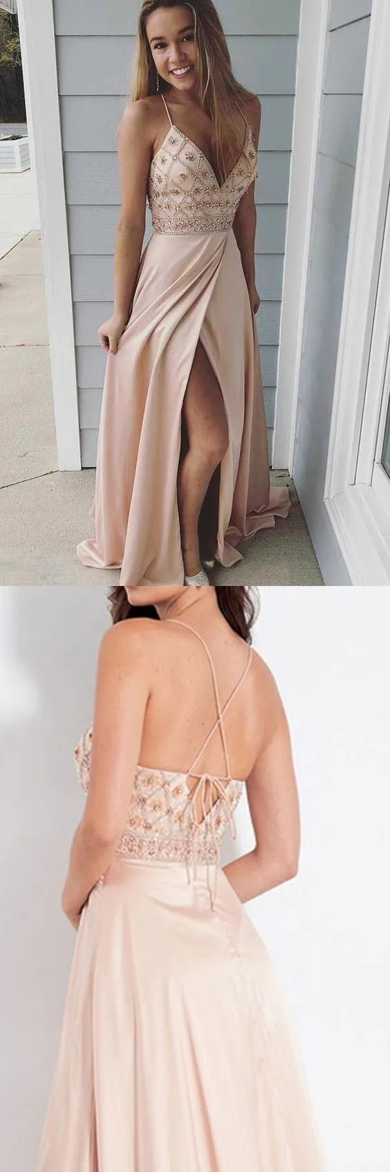 Sexy Delicate Beading Beige Prom Dress Long Formal Dress with Slit