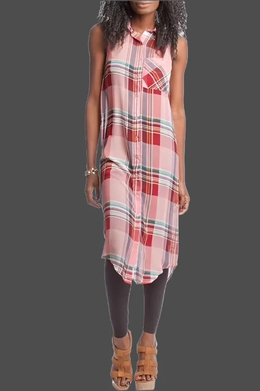 She   Sky Long Sheer Blouse - Pink Plaid