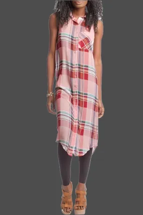 She   Sky Long Sheer Blouse - Pink Plaid