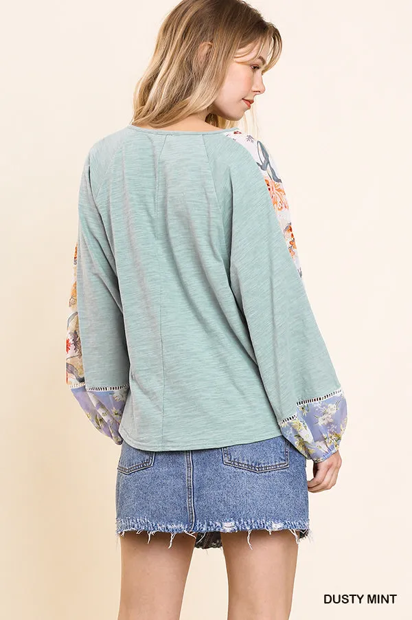 Sheer Floral Puff Sleeve Knit Top, Mint