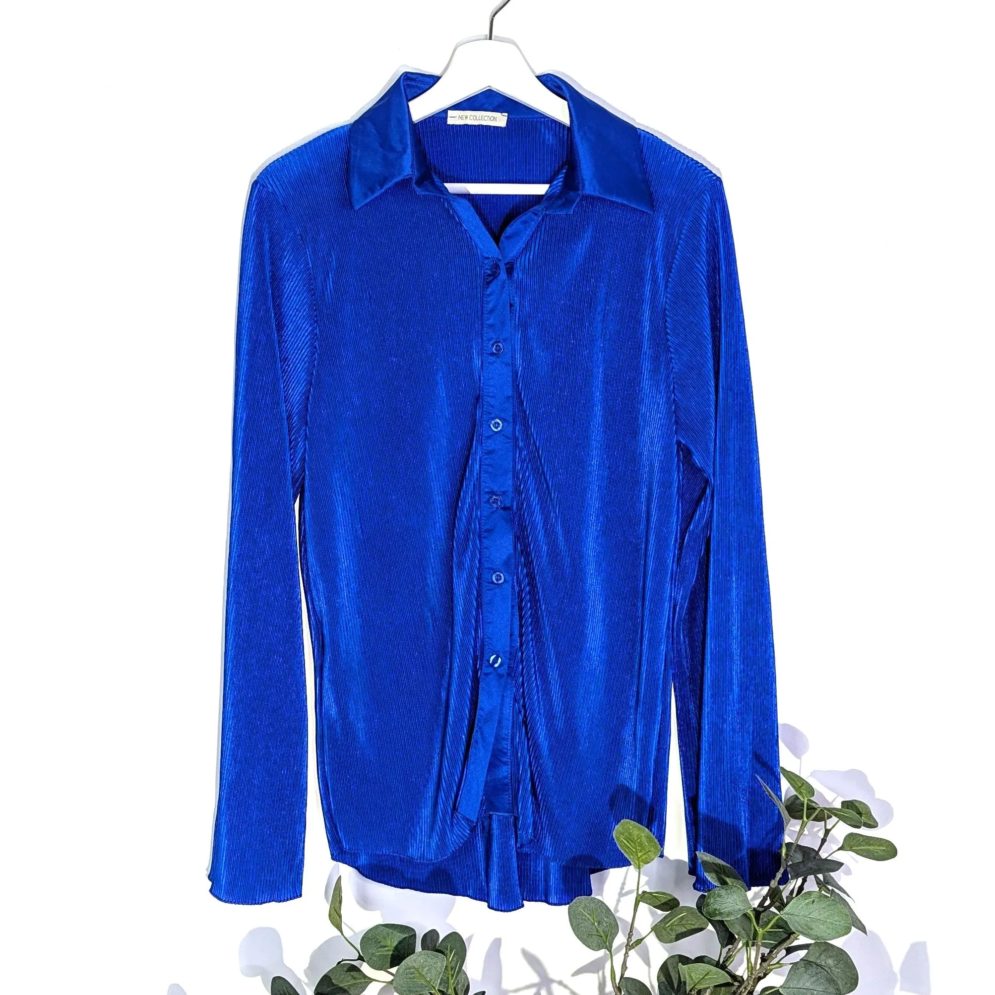 Silky crinkle fabric shirt with collar (S)