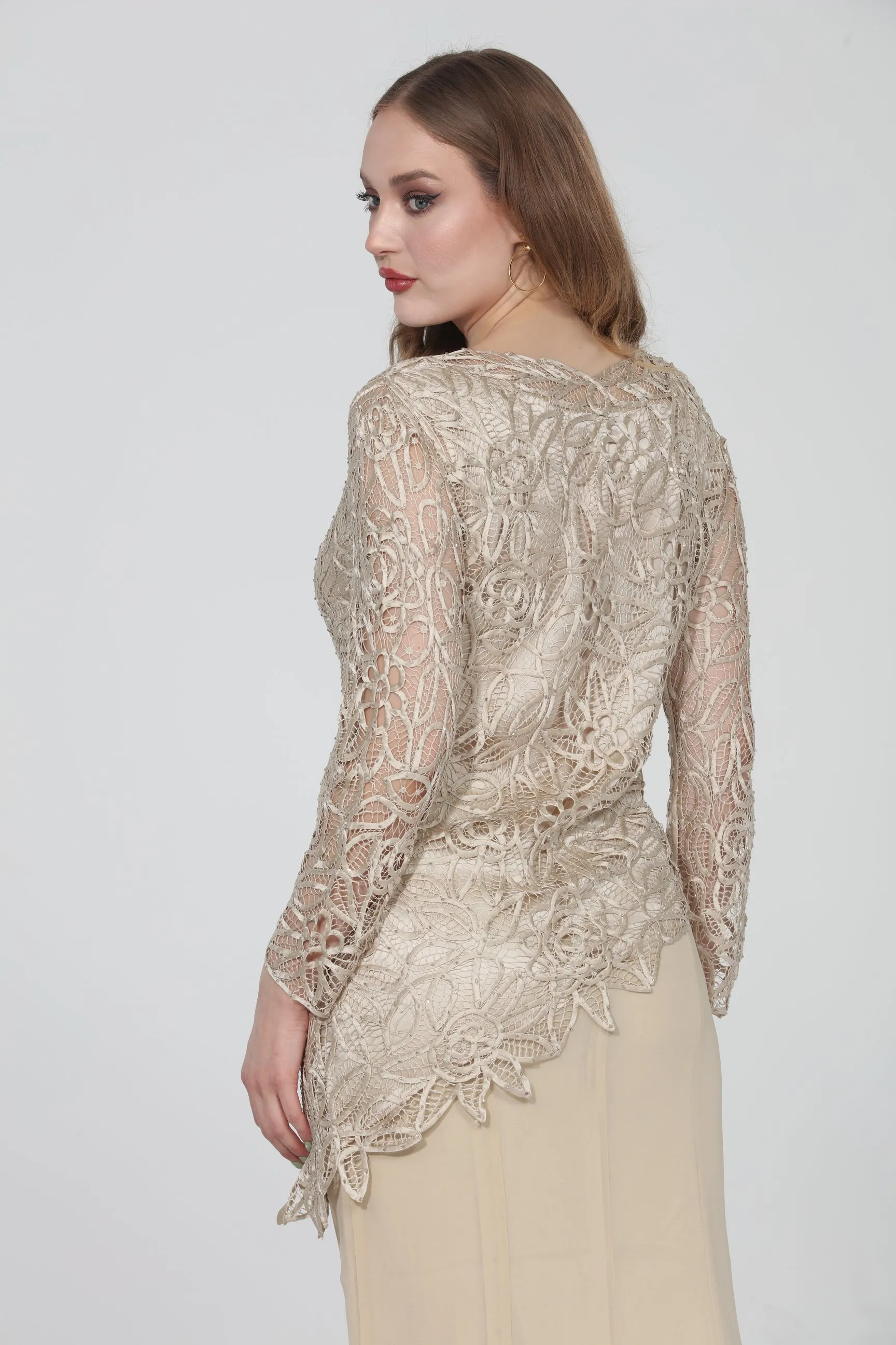 Soulmates C805809 Asymmetrical Hand Crocheted Silk Lace Tunic Top with Skirt Set