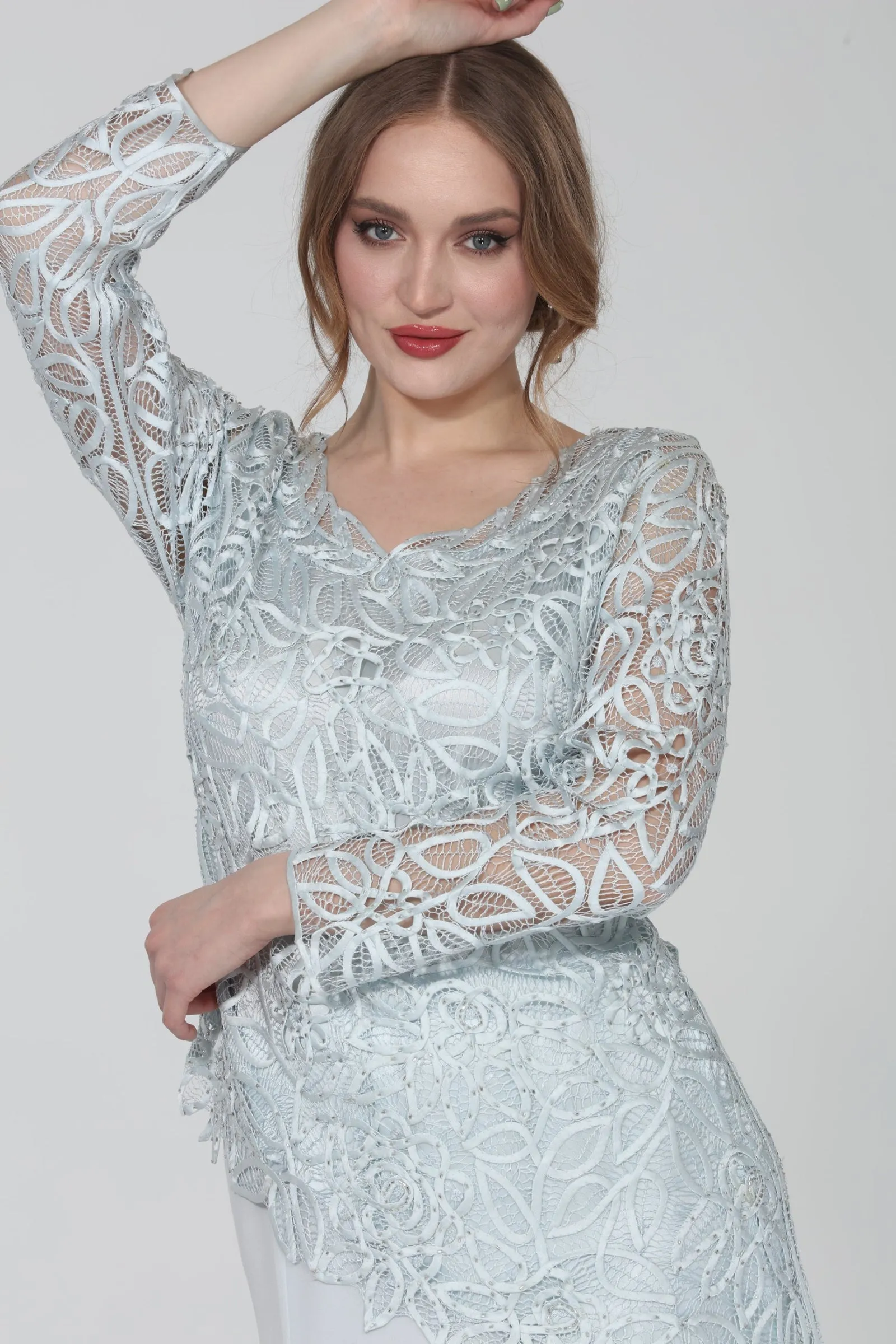 Soulmates C805809 Asymmetrical Hand Crocheted Silk Lace Tunic Top with Skirt Set