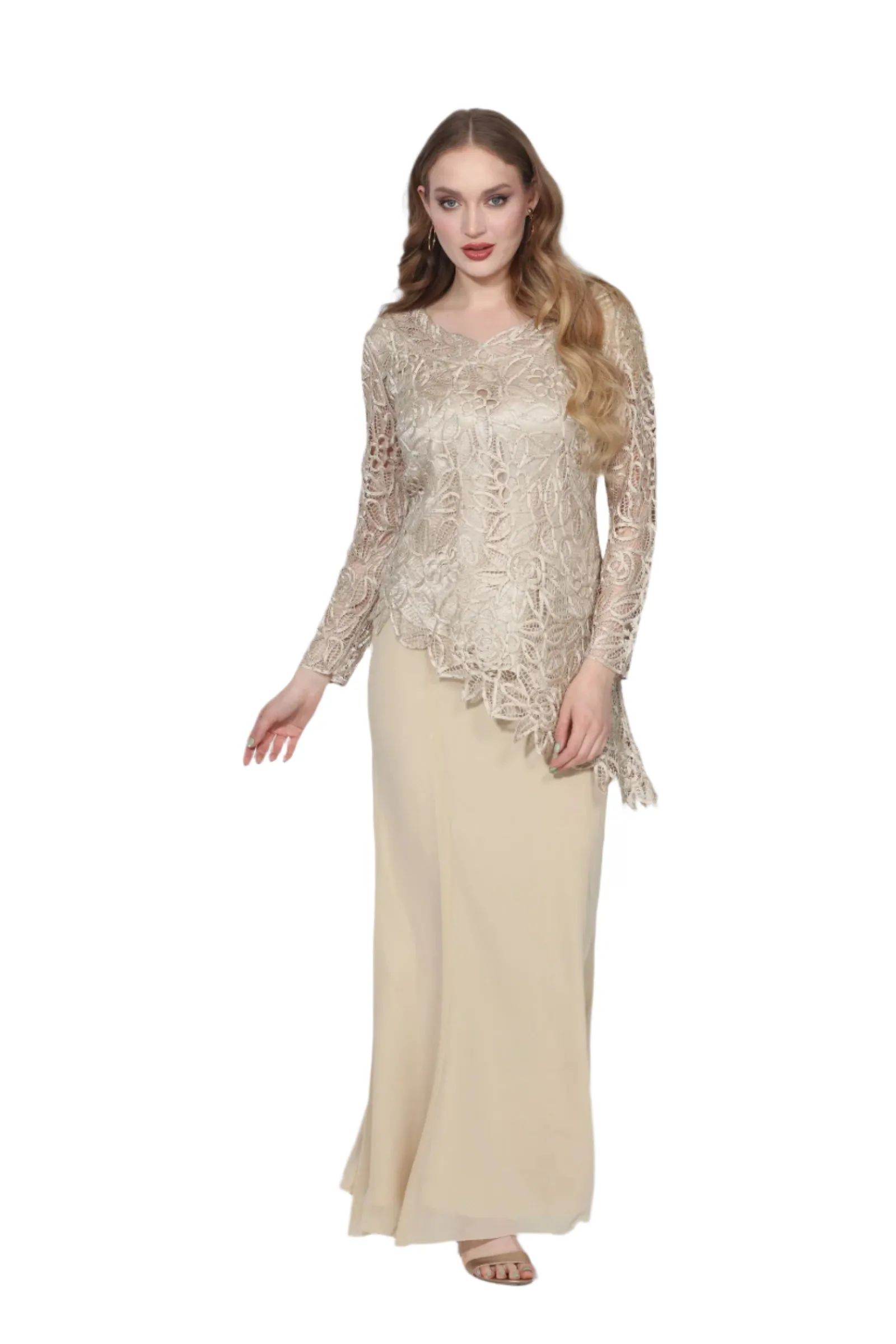 Soulmates C805809 Asymmetrical Hand Crocheted Silk Lace Tunic Top with Skirt Set