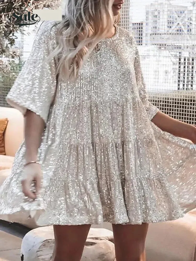 Sparkle Round Neck Sequin Dress Party Evening
