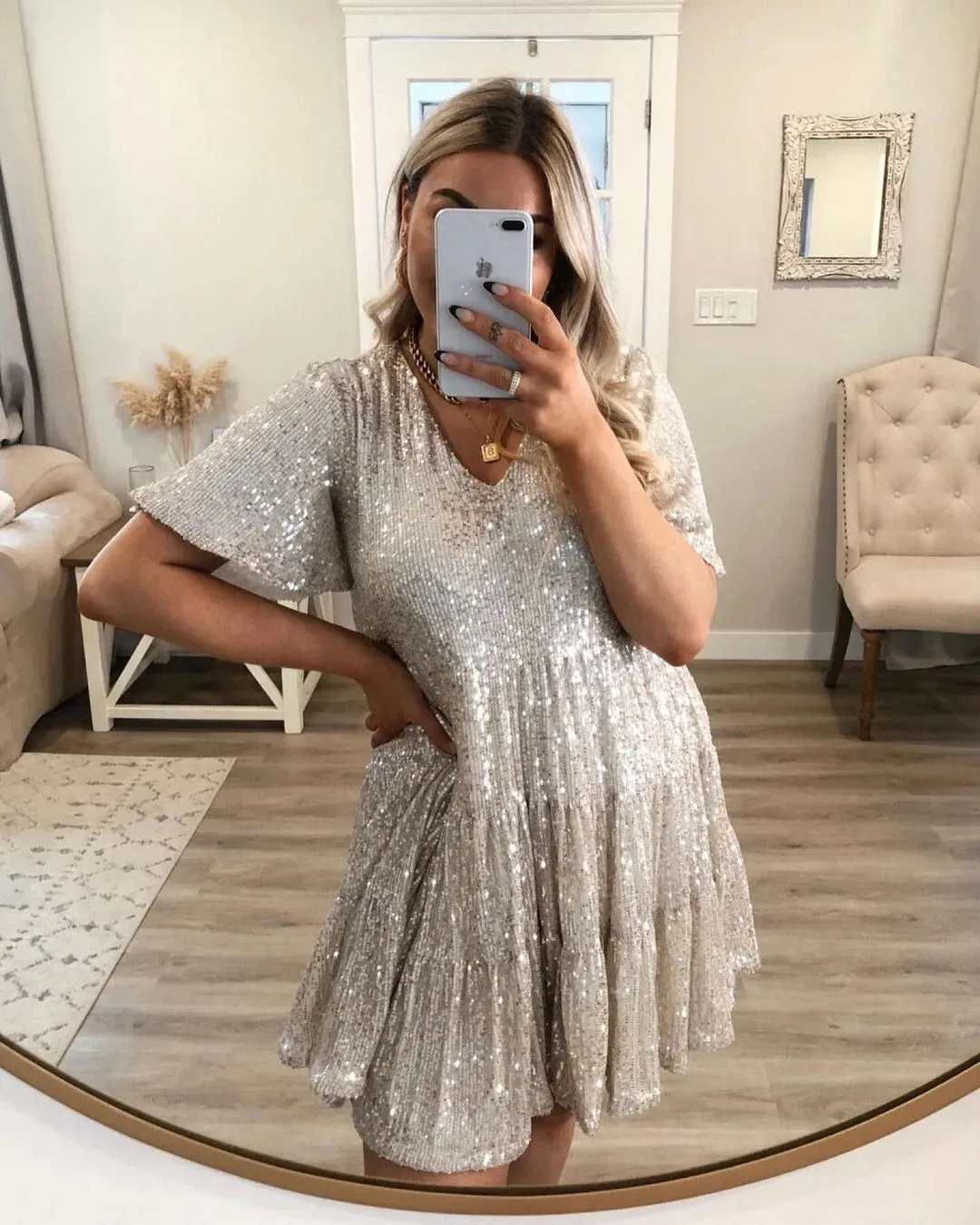 Sparkle Round Neck Sequin Dress Party Evening