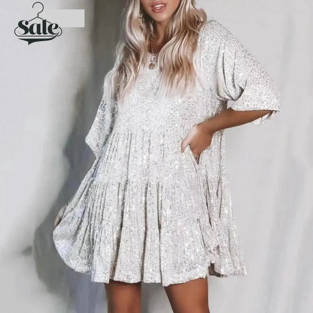Sparkle Round Neck Sequin Dress Party Evening