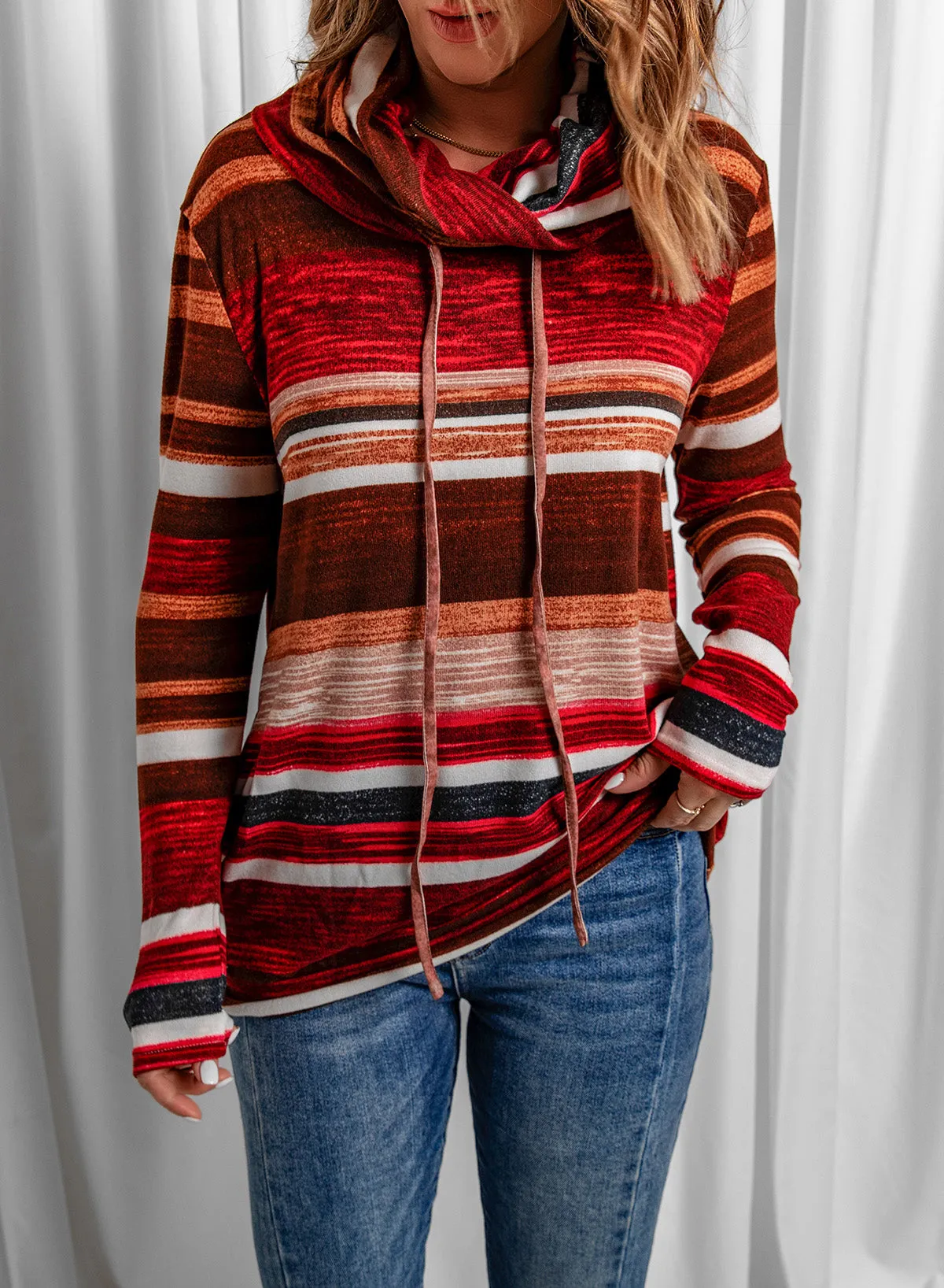 Striped Cowl Neck Tunic Sweatshirt