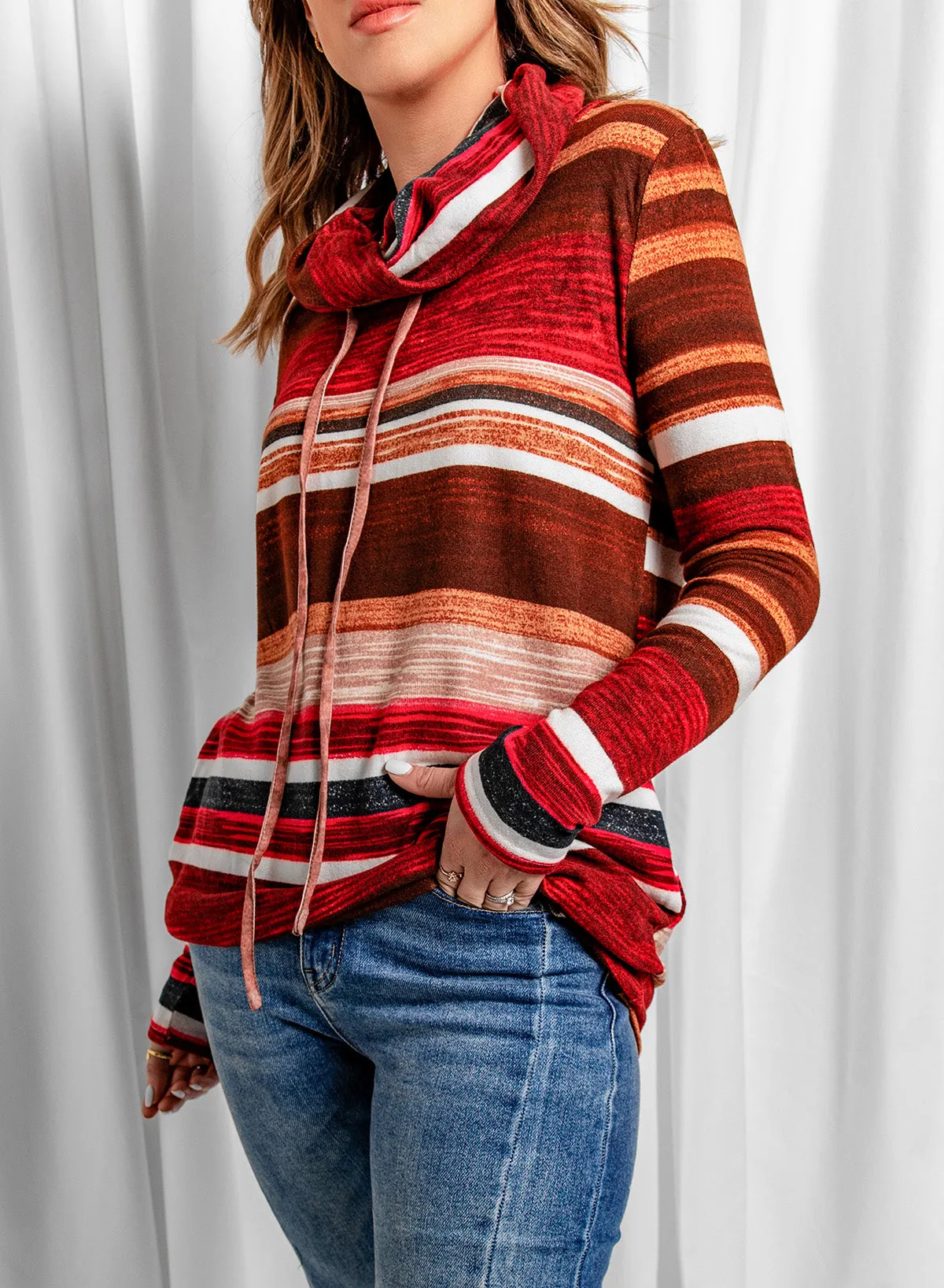 Striped Cowl Neck Tunic Sweatshirt