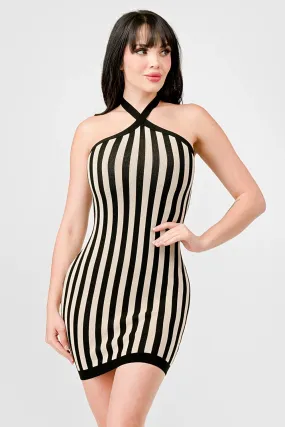 STRIPED RIB SWEATER HALTER NECK BODYCON TUBE DRESS
