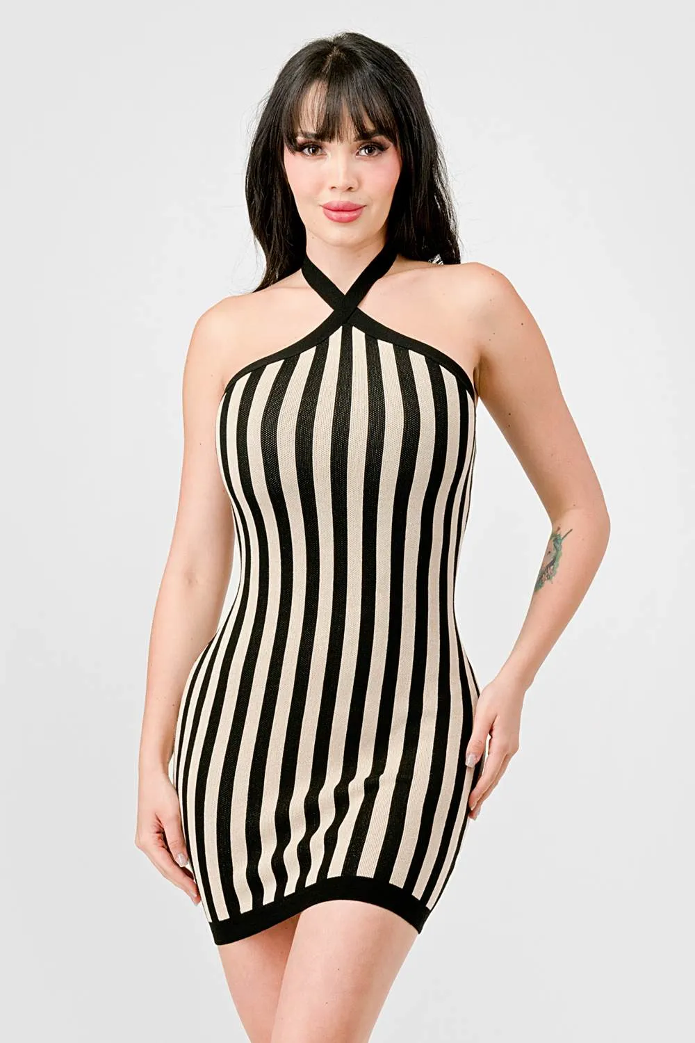STRIPED RIB SWEATER HALTER NECK BODYCON TUBE DRESS
