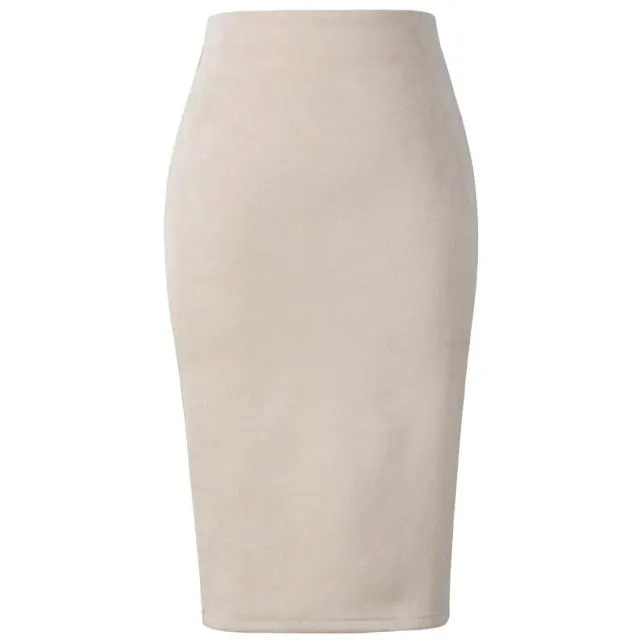 Suede High-Waist Midi Pencil Skirt