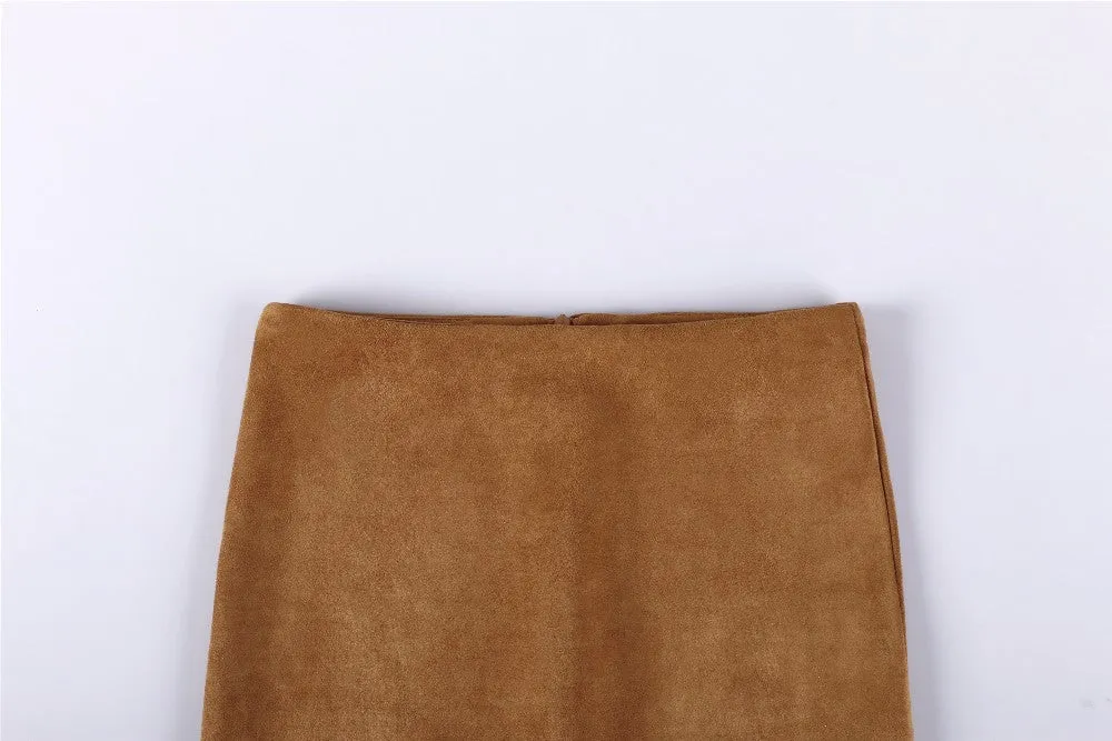 Suede High-Waist Midi Pencil Skirt