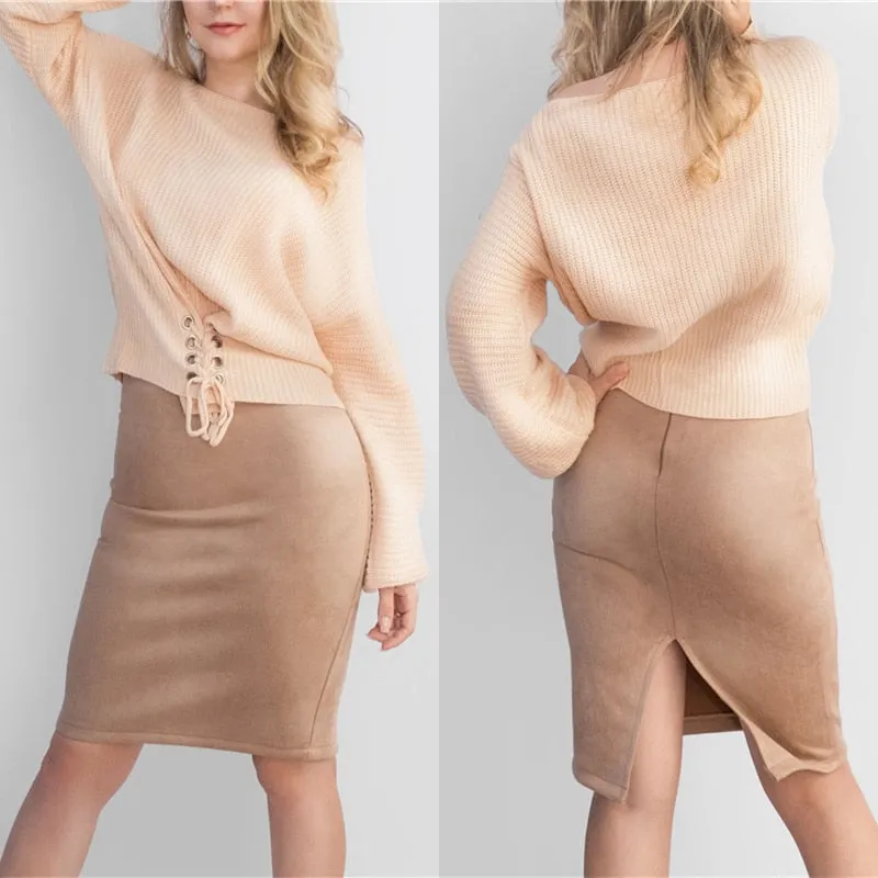 Suede High-Waist Midi Pencil Skirt