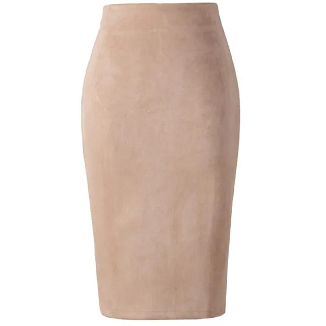 Suede High-Waist Midi Pencil Skirt
