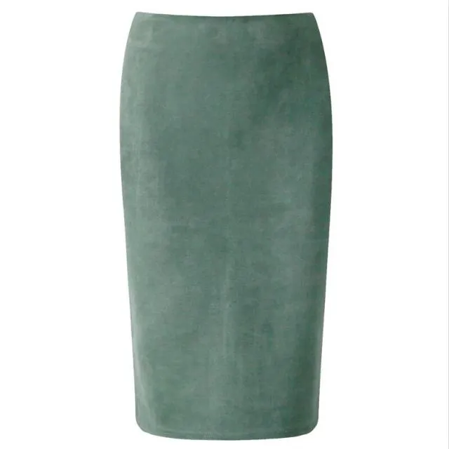 Suede High-Waist Midi Pencil Skirt