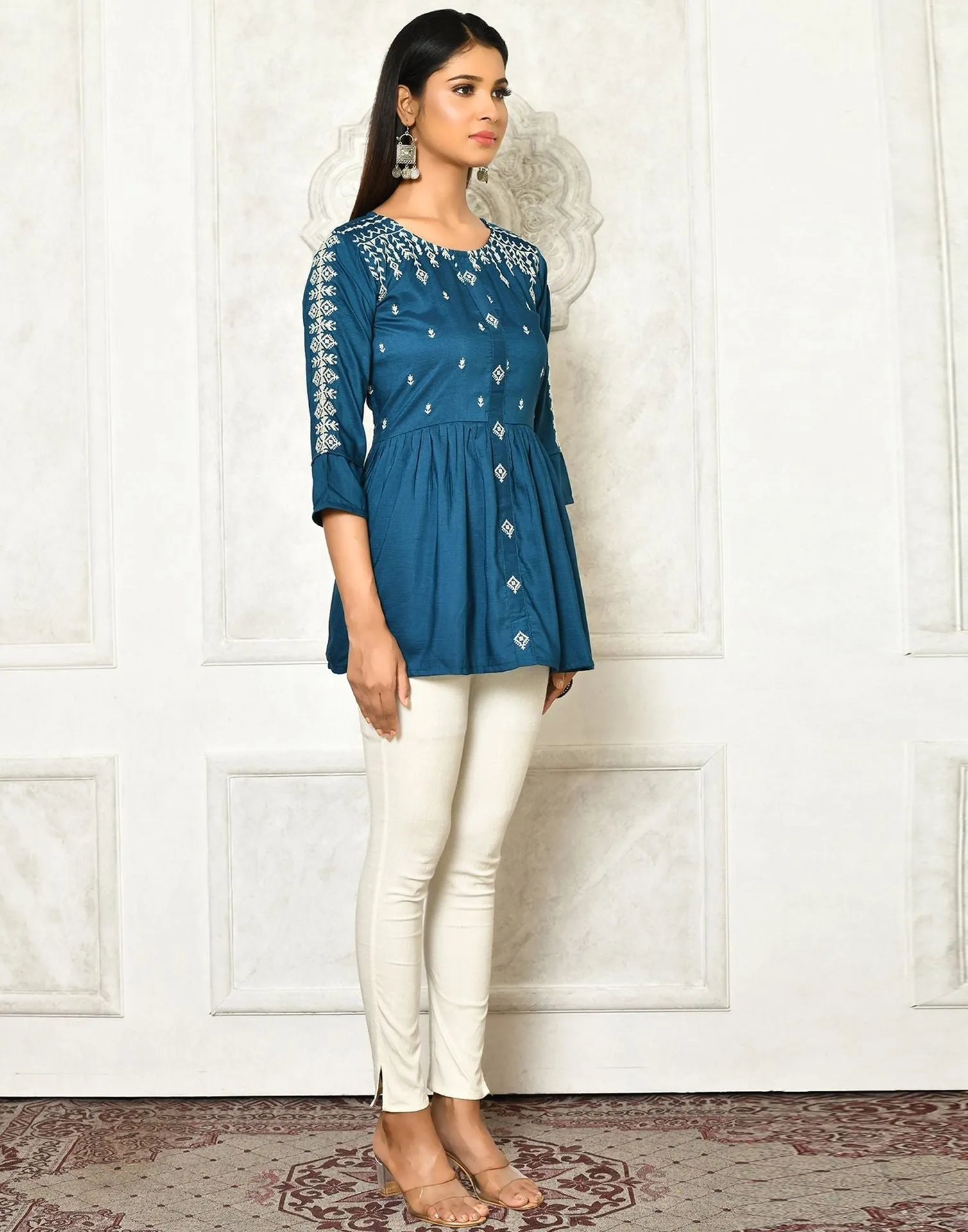 Teal Viscose Embroidery Tunic Top