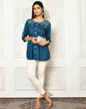 Teal Viscose Embroidery Tunic Top