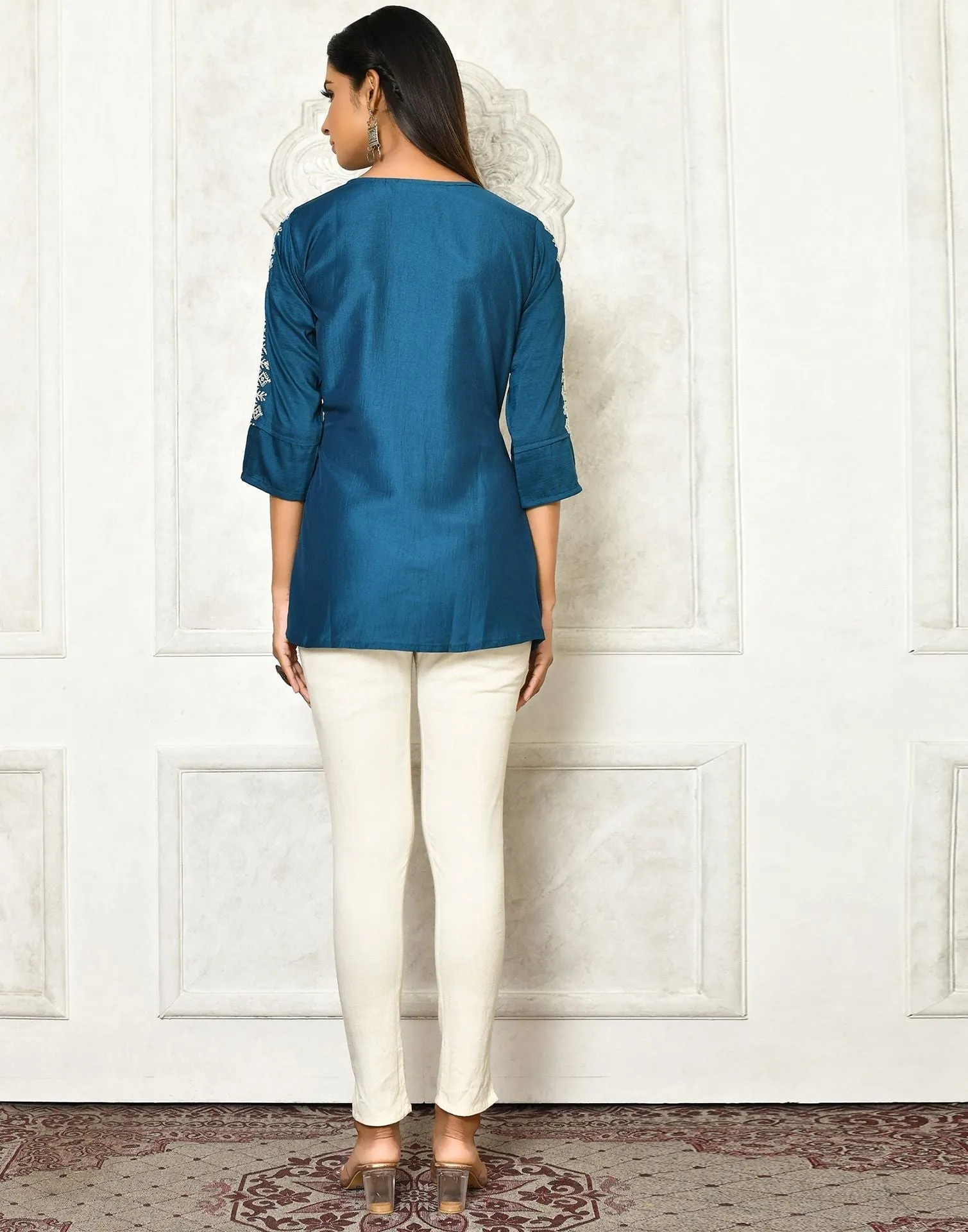 Teal Viscose Embroidery Tunic Top