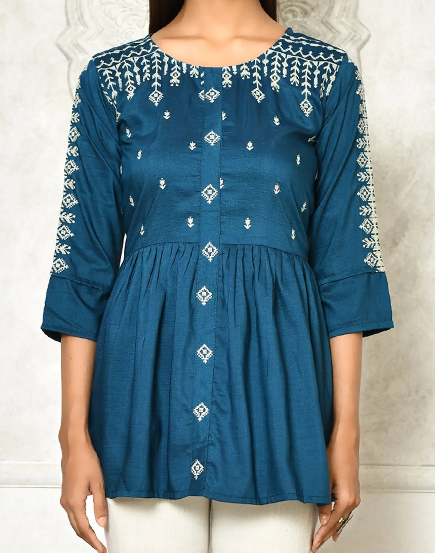 Teal Viscose Embroidery Tunic Top