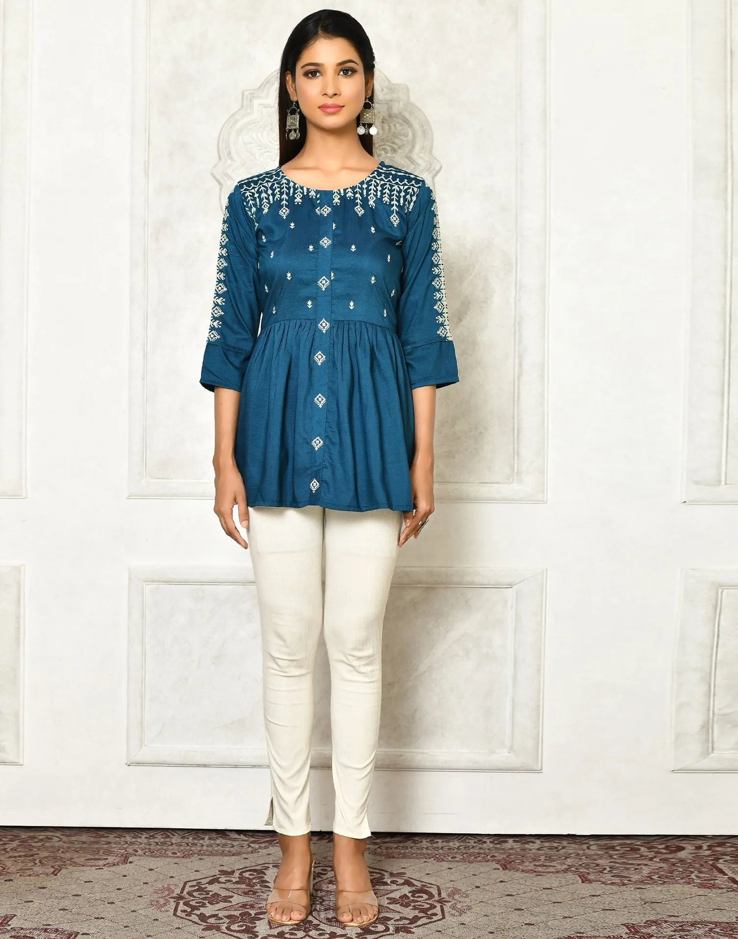 Teal Viscose Embroidery Tunic Top