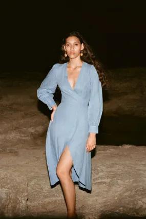 The Garance Midi Wrap Dress in poppy blue