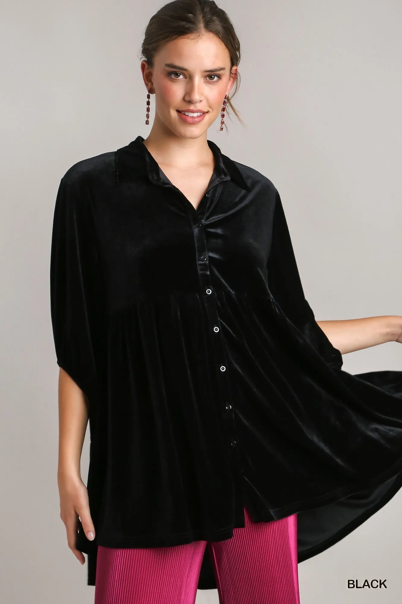 Umgee  Velvet 3/4 Sleeve Tiered High Low Tunic