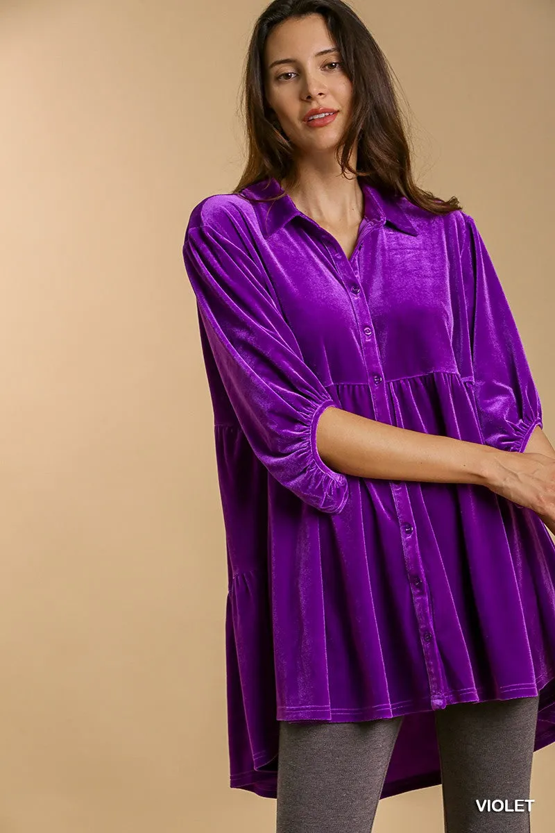 Umgee  Velvet 3/4 Sleeve Tiered High Low Tunic