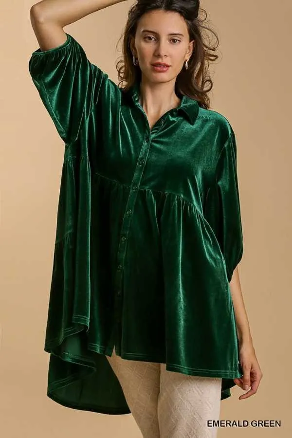 Umgee  Velvet 3/4 Sleeve Tiered High Low Tunic