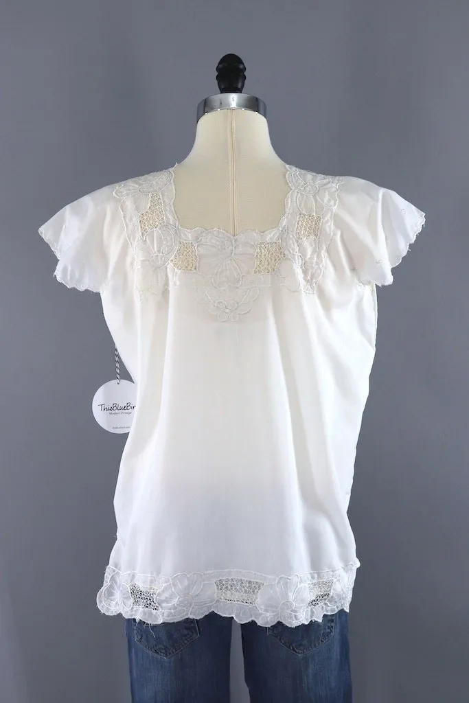 Vintage White Floral Cutwork Blouse